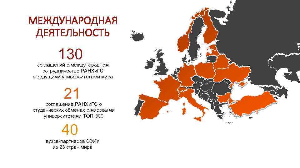 МЕЖДУНАРОДНАЯ ДЕЯТЕЛЬНОСТЬ 130 соглашений о международном сотрудничестве РАНХи. ГС с ведущими университетами мира 21