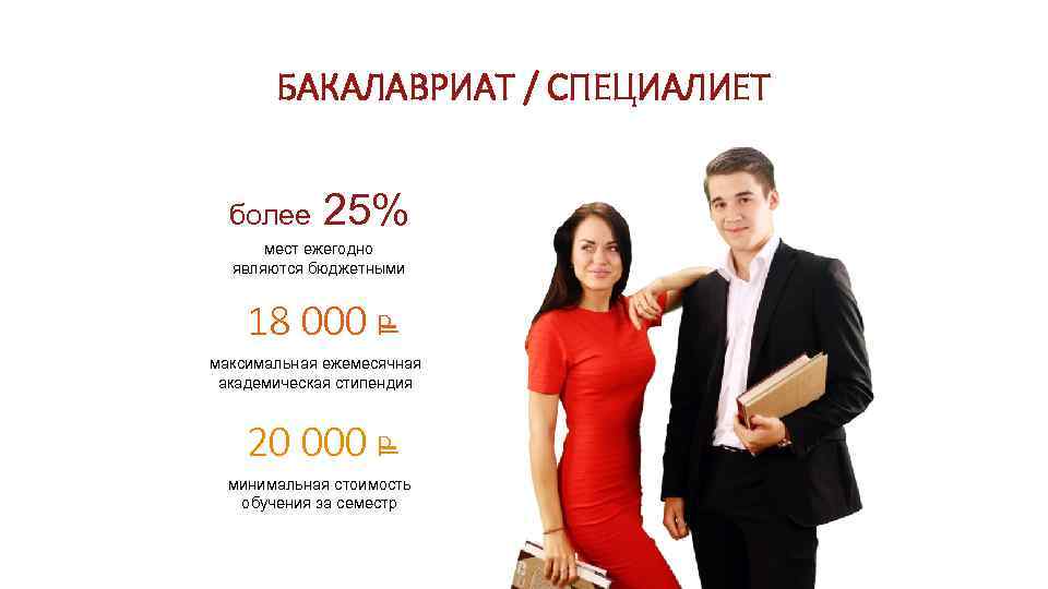 БАКАЛАВРИАТ / СПЕЦИАЛИЕТ более 25% мест ежегодно являются бюджетными 18 000 Р максимальная ежемесячная