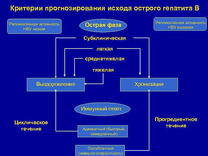 Критерии прогнозирования исхода острого гепатита В Репликативная активность HBV низкая Острая фаза Репликативная активность