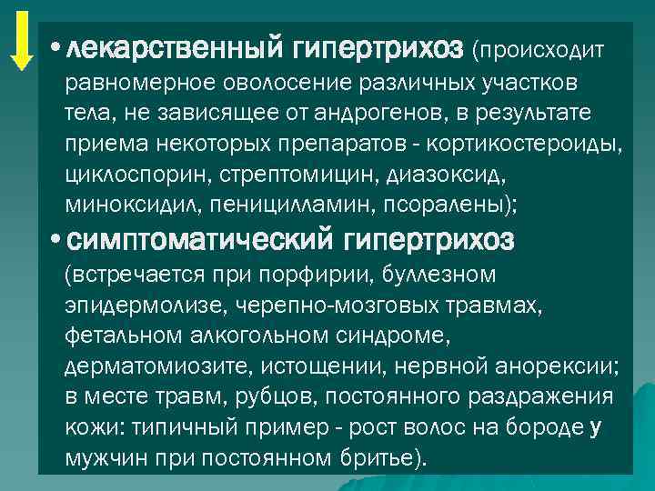  • лекарственный гипертрихоз (происходит равномерное оволосение различных участков тела, не зависящее от андрогенов,