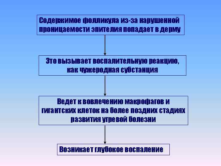 Содержимое фолликула из-за нарушенной проницаемости эпителия попадает в дерму Это вызывает воспалительную реакцию, как