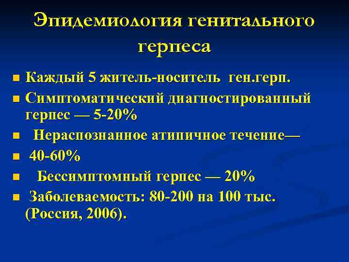 Эпидемиология генитального герпеса Каждый 5 житель-носитель ген. герп. n Симптоматический диагностированный герпес — 5