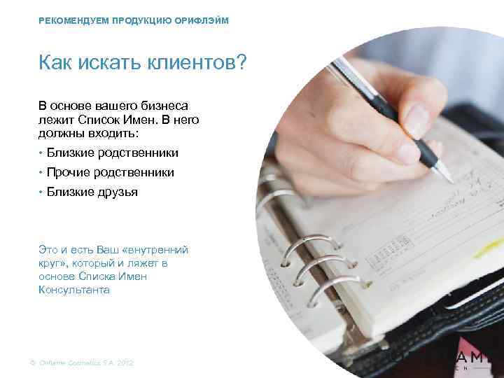 РЕКОМЕНДУЕМ ПРОДУКЦИЮ ОРИФЛЭЙМ Как искать клиентов? В основе вашего бизнеса лежит Список Имен. В