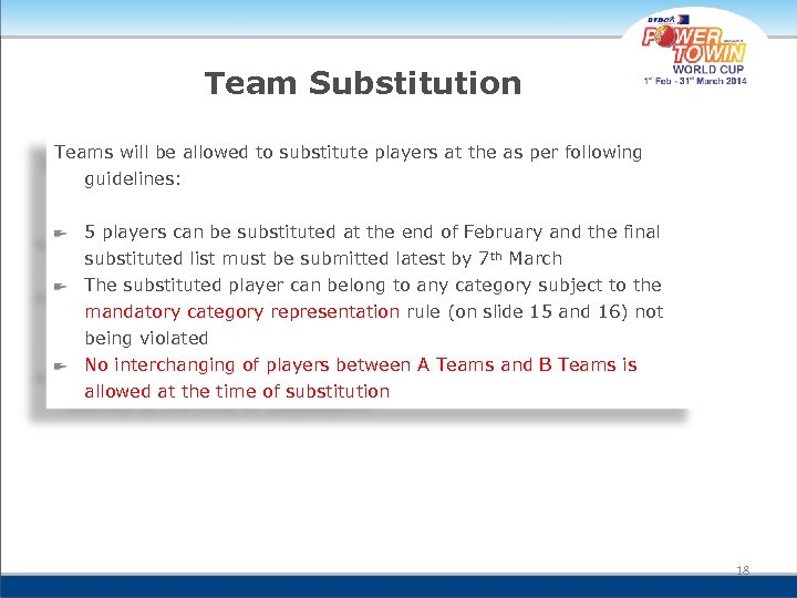 Team Substitution Teams will be allowed to substitute players at the as per following