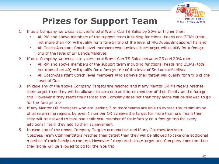 Prizes for Support Team 1. If as a Company we cross last year’s total