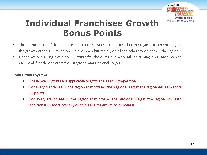 Individual Franchisee Growth Bonus Points • • This ultimate aim of the Team competition