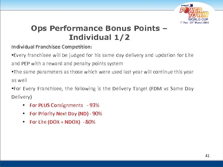 Ops Performance Bonus Points – Individual 1/2 Individual Franchisee Competition: • Every franchisee will