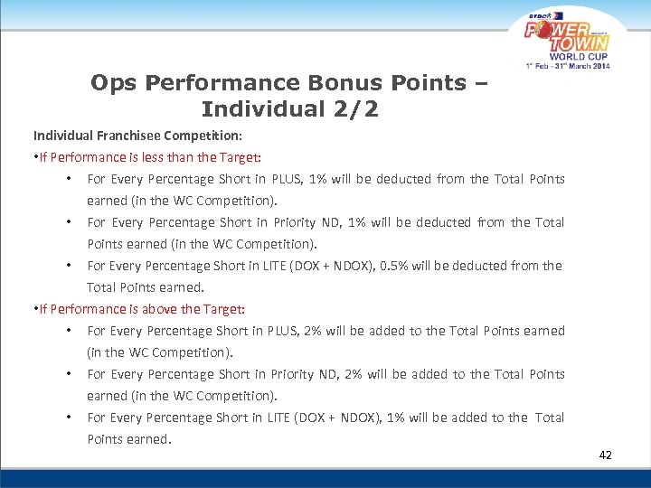 Ops Performance Bonus Points – Individual 2/2 Individual Franchisee Competition: • If Performance is
