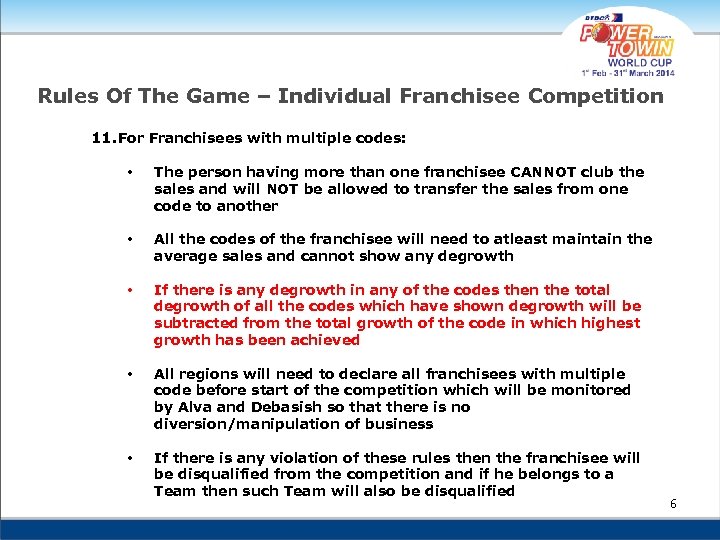Rules Of The Game – Individual Franchisee Competition 11. For Franchisees with multiple codes: