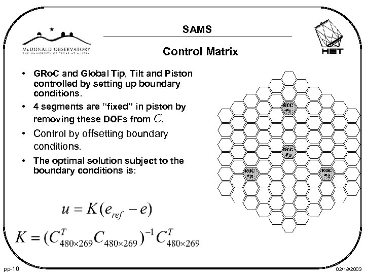SAMS Control Matrix • GRo. C and Global Tip, Tilt and Piston controlled by