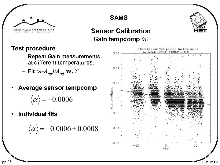 SAMS Sensor Calibration Gain tempcomp (α) Test procedure – Repeat Gain measurements at different