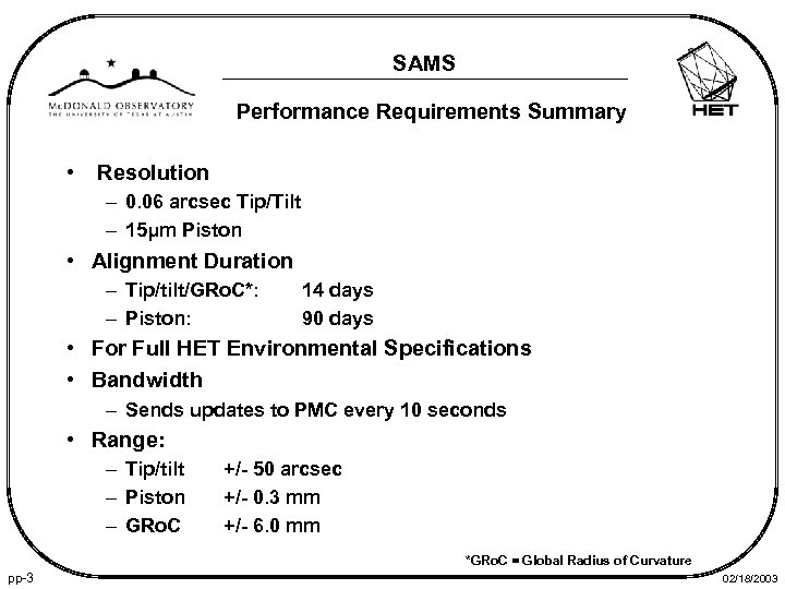 SAMS Performance Requirements Summary • Resolution – 0. 06 arcsec Tip/Tilt – 15μm Piston