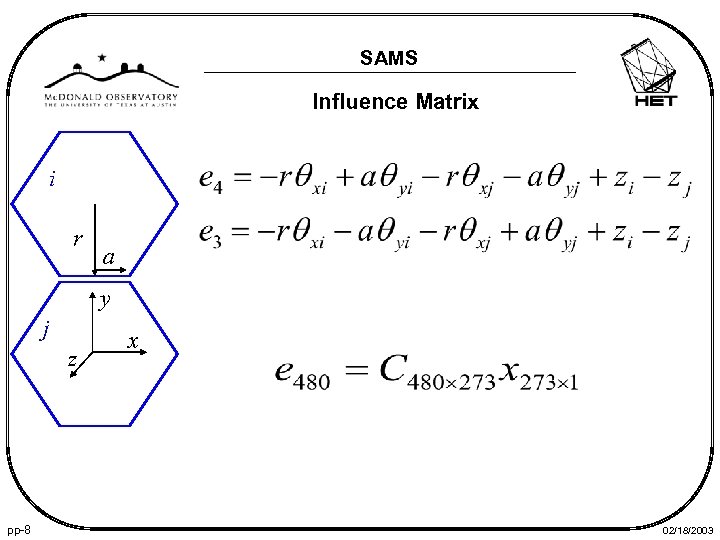 SAMS Influence Matrix i r a y j z pp-8 x 02/18/2003 