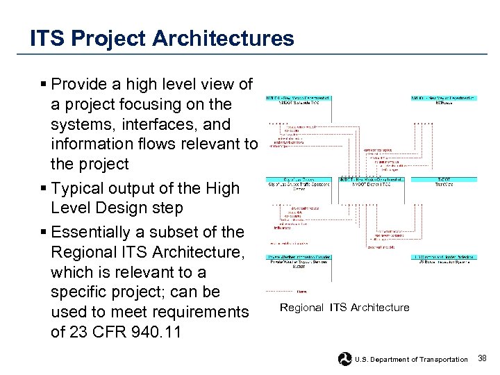 ITS Project Architectures § Provide a high level view of a project focusing on