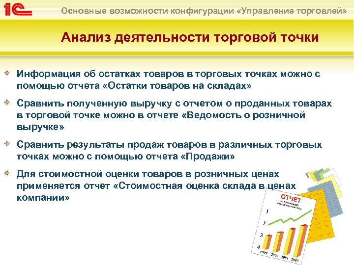 Основные возможности конфигурации «Управление торговлей» Анализ деятельности торговой точки Информация об остатках товаров в