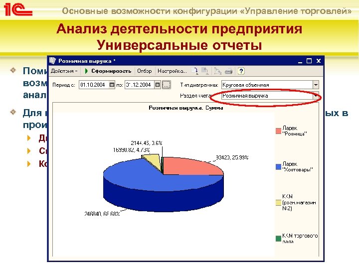 Основные возможности конфигурации «Управление торговлей» Анализ деятельности предприятия Универсальные отчеты Помимо встроенных отчетов система