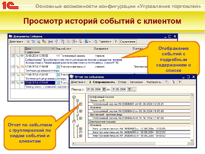Основные возможности конфигурации «Управление торговлей» Просмотр историй событий с клиентом Отображение событий с подробным