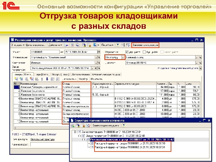 Основные возможности конфигурации «Управление торговлей» Отгрузка товаров кладовщиками с разных складов 
