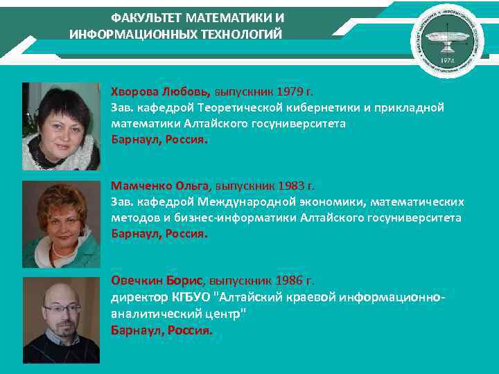 ФАКУЛЬТЕТ МАТЕМАТИКИ И ИНФОРМАЦИОННЫХ ТЕХНОЛОГИЙ Хворова Любовь, выпускник 1979 г. Зав. кафедрой Теоретической кибернетики