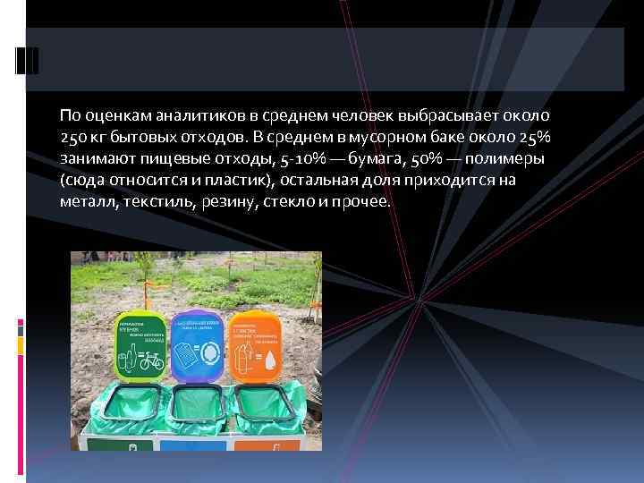 По оценкам аналитиков в среднем человек выбрасывает около 250 кг бытовых отходов. В среднем