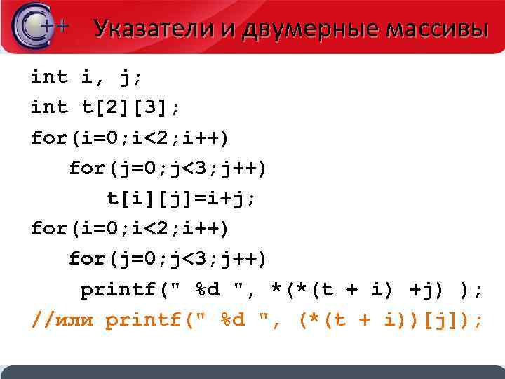 Указатели и двумерные массивы int i, j; int t[2][3]; for(i=0; i<2; i++) for(j=0; j<3;