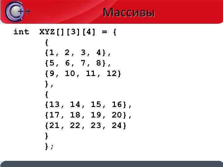 Массивы int XYZ[][3][4] = { { {1, 2, 3, 4}, {5, 6, 7, 8},