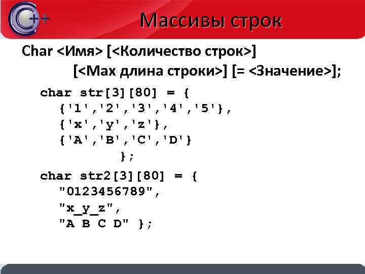 Массивы строк Char <Имя> [<Количество строк>] [<Мах длина строки>] [= <Значение>]; char str[3][80] =