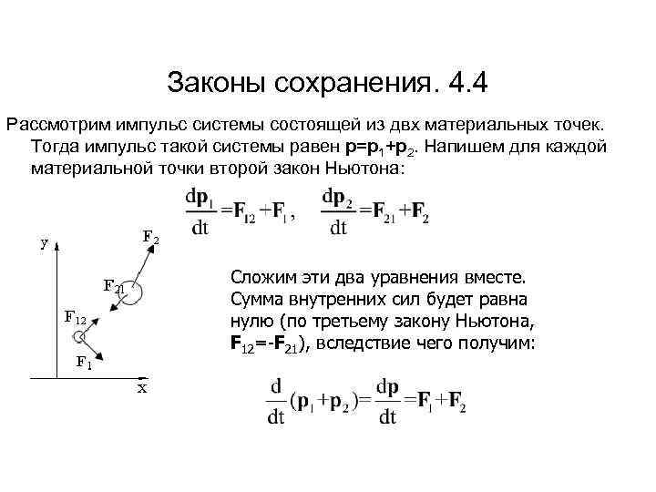 Законы сохранения. 4. 4 Рассмотрим импульс системы состоящей из двх материальных точек. Тогда импульс