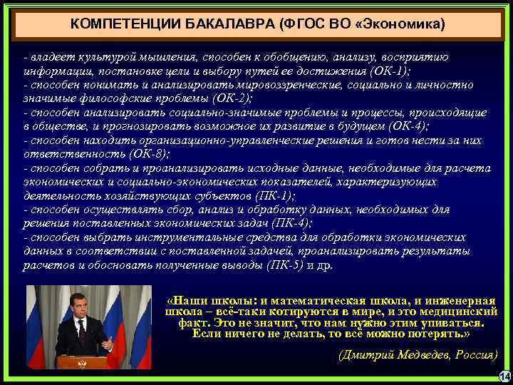 КОМПЕТЕНЦИИ БАКАЛАВРА (ФГОС ВО «Экономика) - владеет культурой мышления, способен к обобщению, анализу, восприятию
