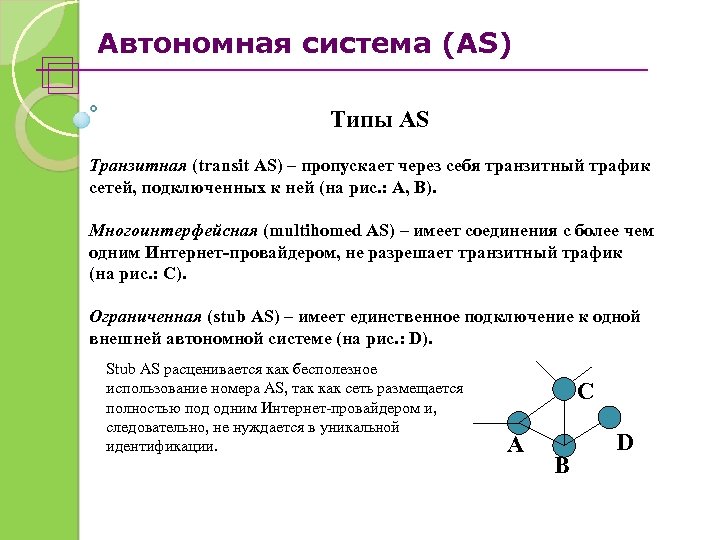 Автономная система (AS) Типы AS Транзитная (transit AS) – пропускает через себя транзитный трафик