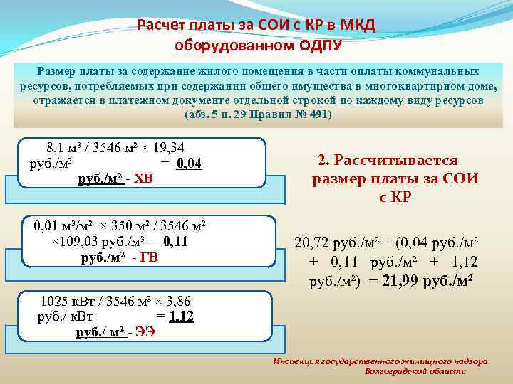 Расчет платы за СОИ с КР в МКД оборудованном ОДПУ Размер платы за содержание