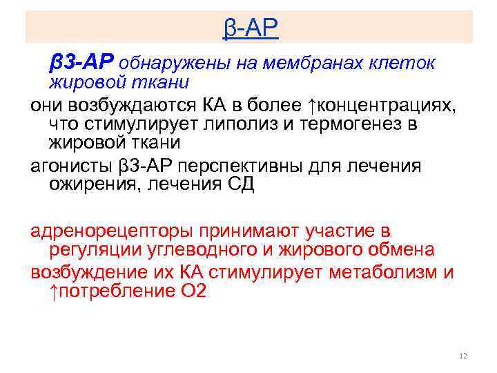 β-АР β 3 -АР обнаружены на мембранах клеток жировой ткани они возбуждаются КА в