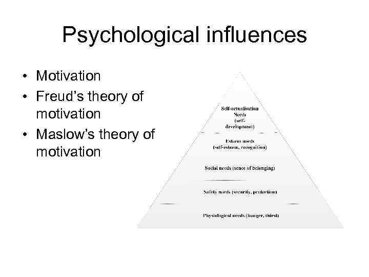 Psychological influences • Motivation • Freud’s theory of motivation • Maslow’s theory of motivation