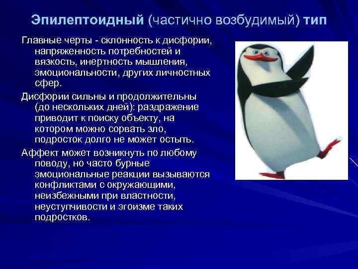 Эпилептоидный (частично возбудимый) тип Главные черты - склонность к дисфории, напряженность потребностей и вязкость,