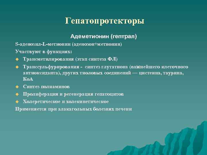 Гепатопротекторы Адеметионин (гептрал) S-аденозил-L-метионин (аденозон+метионин) Участвуют в функциях: Трансметилирования (этап синтеза ФЛ) Транссульфурирования -