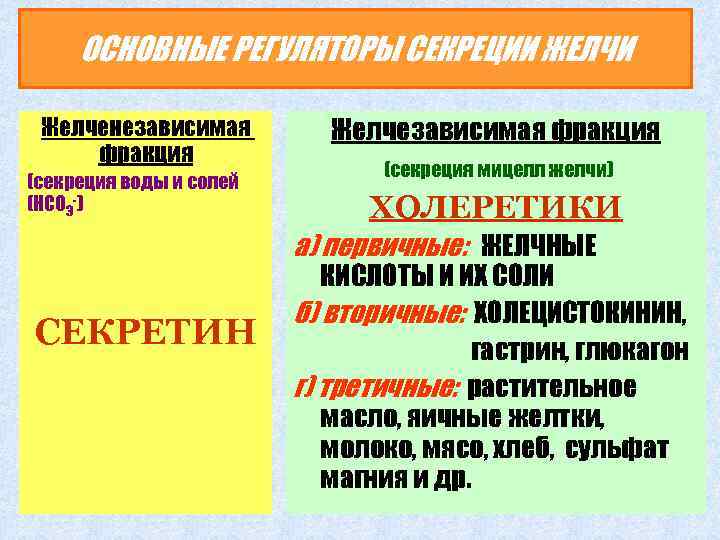 ОСНОВНЫЕ РЕГУЛЯТОРЫ СЕКРЕЦИИ ЖЕЛЧИ Желченезависимая фракция (секреция воды и солей (НСО 3 -) Желчезависимая