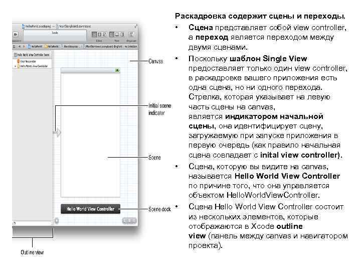 Раскадровка содержит сцены и переходы. • Сцена представляет собой view controller, а переход является