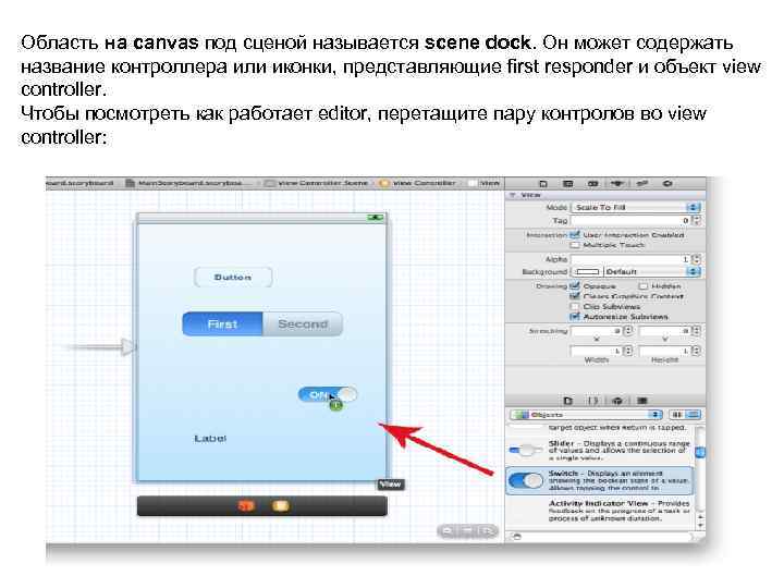 Область на canvas под сценой называется scene dock. Он может содержать название контроллера или