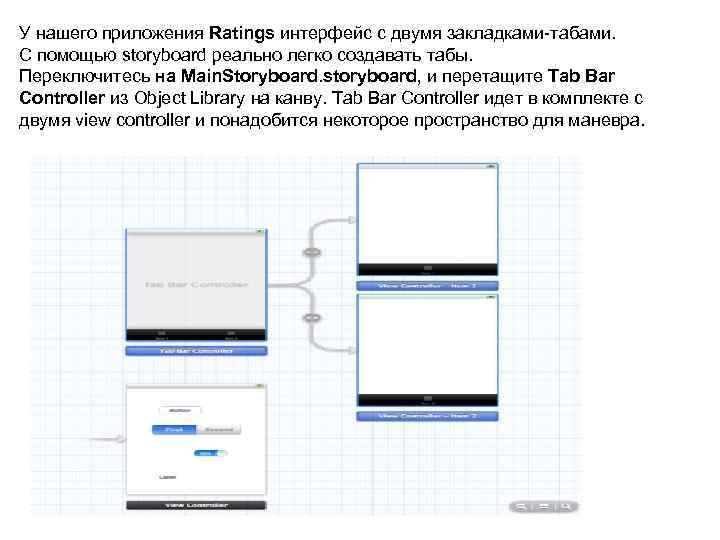 У нашего приложения Ratings интерфейс с двумя закладками-табами. С помощью storyboard реально легко создавать