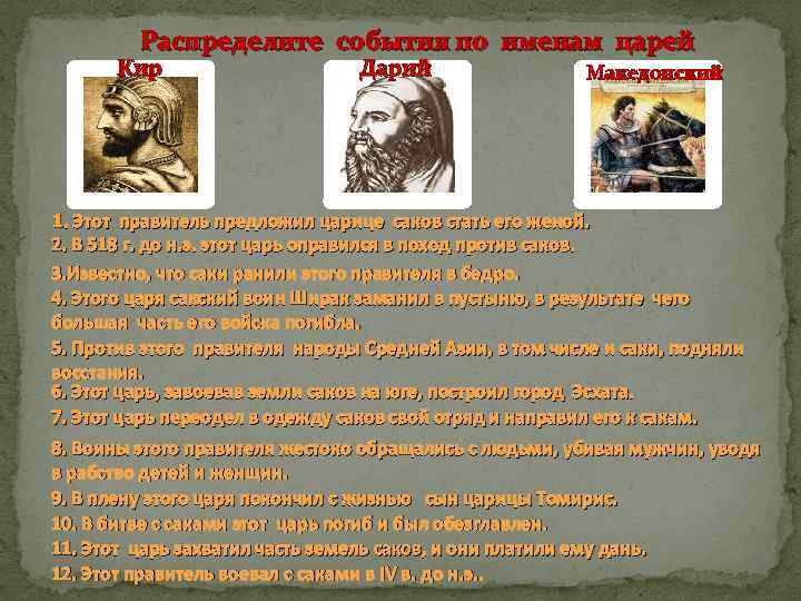 Распределите события по именам царей Кир Дарий Македонский 1. Этот правитель предложил царице саков