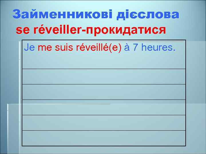 Займенникові дієслова se réveiller-прокидатися Je me suis réveillé(e) à 7 heures. 