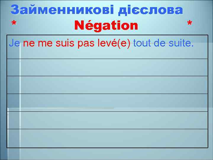 Займенникові дієслова * Négation * Je ne me suis pas levé(e) tout de suite.