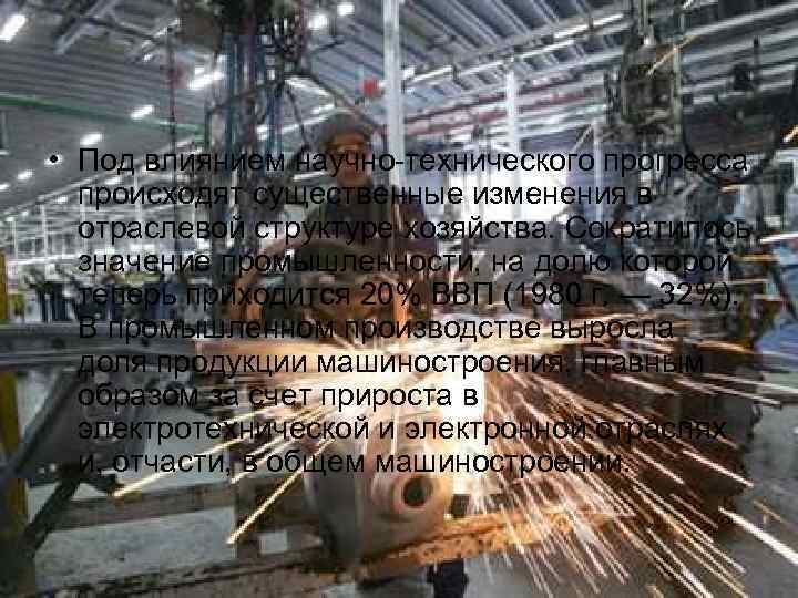  • Под влиянием научно-технического прогресса происходят существенные изменения в отраслевой структуре хозяйства. Сократилось