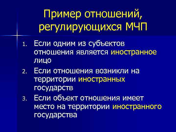 Пример отношений, регулирующихся МЧП 1. 2. 3. Если одним из субъектов отношения является иностранное