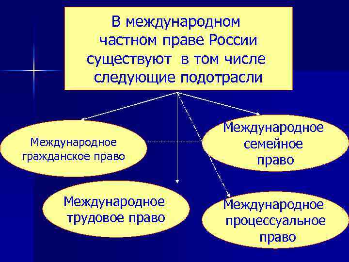 В международном частном праве России существуют в том числе следующие подотрасли Международное гражданское право