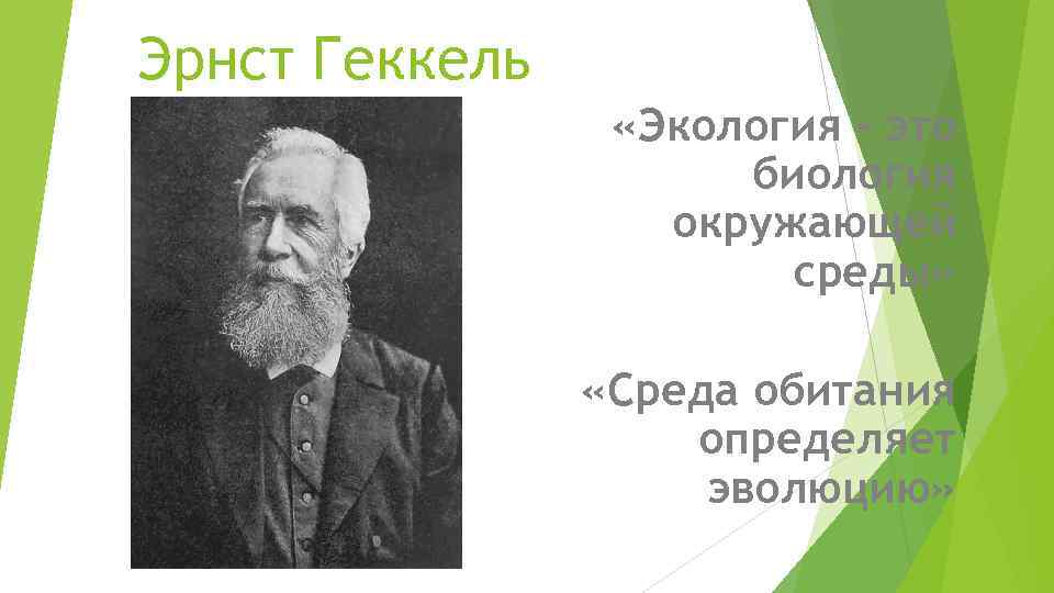 Эрнст Геккель «Экология - это биология окружающей среды» «Среда обитания определяет эволюцию» 