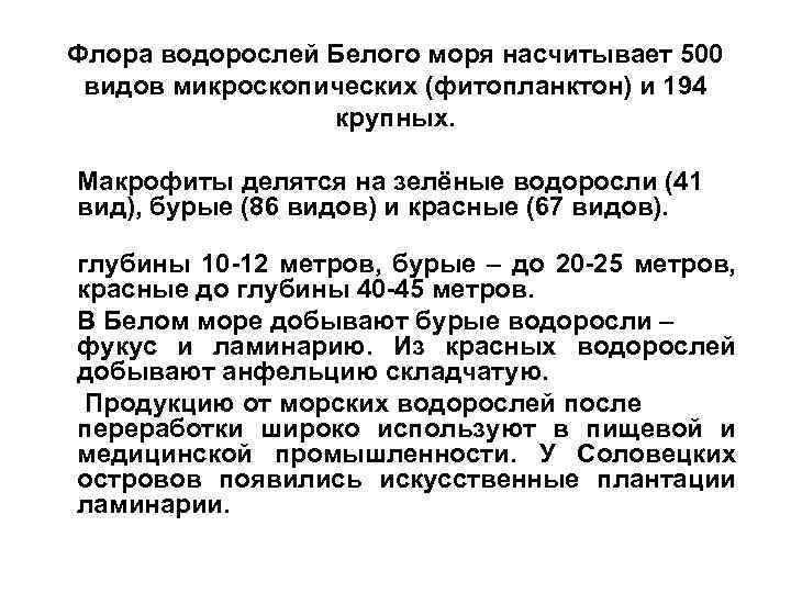 Флора водорослей Белого моря насчитывает 500 видов микроскопических (фитопланктон) и 194 крупных. Макрофиты делятся