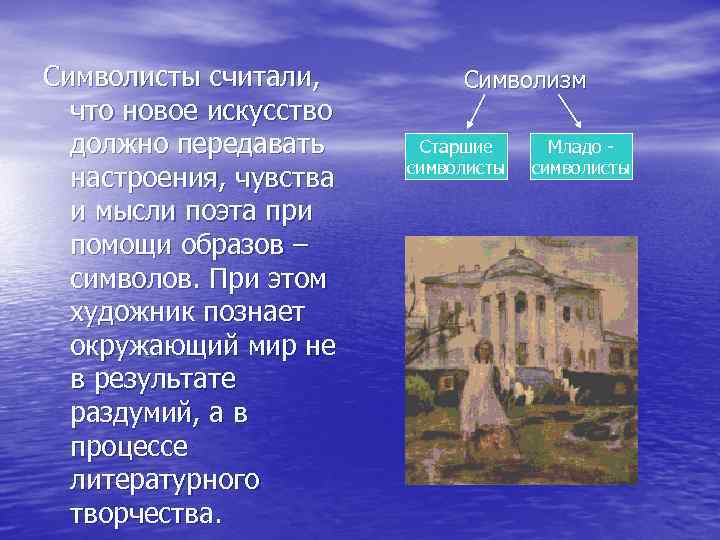 Символисты считали, что новое искусство должно передавать настроения, чувства и мысли поэта при помощи