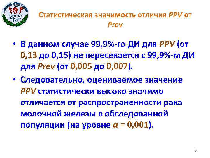 1897 ПСПб. ГМУ Кафедра ФМИ Статистическая значимость отличия PPV от Prev • В данном