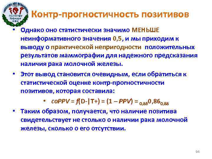 1897 ПСПб. ГМУ Кафедра ФМИ Контр-прогностичность позитивов • Однако оно статистически значимо МЕНЬШЕ неинформативного